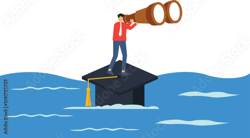 Man on Graduation Cap with Binoculars in Water, Concept of Education and Vision,academic achievement, knowledge seeking, career planning, financial goals, personal growth, self improvement