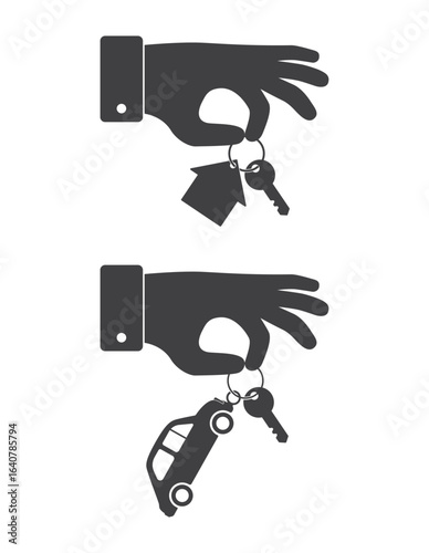 hand hold keys with house and car icon set