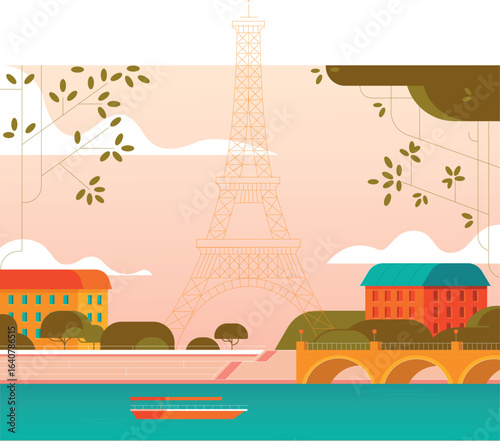Romantic Parisian Scene: Flat Design Illustration of Eiffel Tower, River Seine, and Charming Architecture.