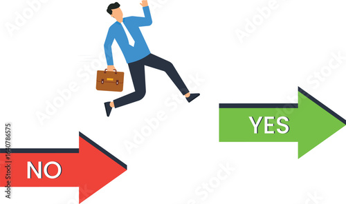 Businessman Choosing Yes Over No, Decision Making Concept, Green Arrow, Red Arrow, Business Concept, career decision, success path, failure path, business strategy, future choice, present choice,

