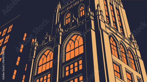 Gothic revival architecture illuminated by warm orange light against a deep night sky