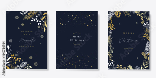 Christmas and Happy Holidays invitation card design vector. Pine leaves, snowflake, pine cone on navy blue background. Design for Season's Greeting, Christmas, cover.