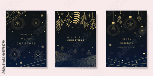 Christmas and Happy Holidays invitation card design vector. Pine leaves, snowflake, bauble, spot texture on navy blue background. Design for Season's Greeting, Christmas, cover.