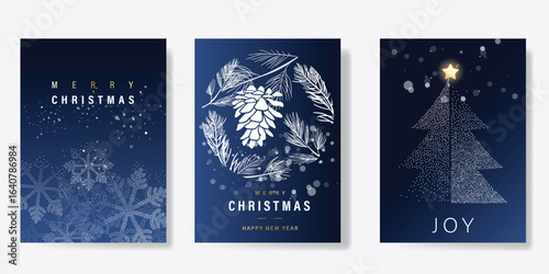 Christmas and Happy Holidays invitation card design vector. Christmas tree, pine leaves, snowflake, pine cone, spot texture on navy blue background. Design for Season's Greeting, Christmas, cover.