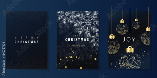 Christmas and Happy Holidays invitation card design vector. Pine leaves, snowflake, bauble, spot texture on navy blue background. Design for Season's Greeting, Christmas, cover.