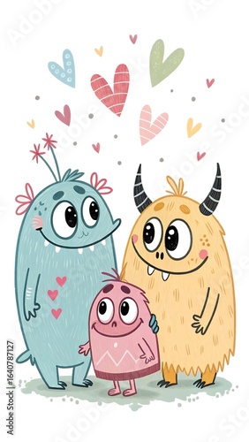 Cute happy monster family with hearts celebrating love and togetherness illustration