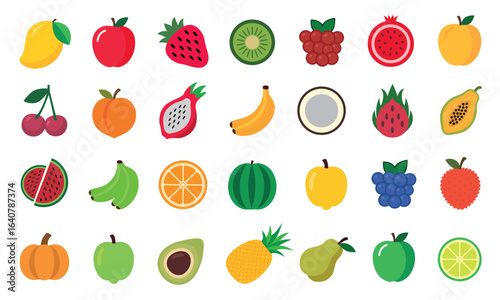 Fresh tropical fruit icons set, Exotic and juicy flat vector style