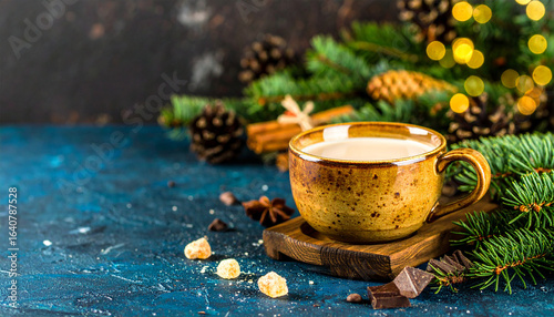Festive Coffee Delight: A cozy holiday scene presents a warm cup of coffee, surrounded by Christmas decorations, evoking the joy and spirit of the season. 