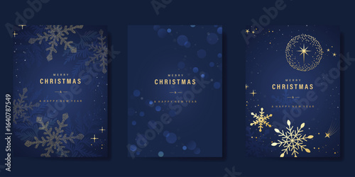 Christmas and Happy Holidays invitation card design vector. Pine leaves, snowflake, hanging bauble, spot texture on navy blue background. Design for Season's Greeting, Christmas, cover.