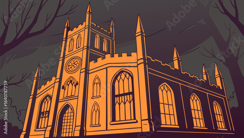 Gothic church illuminated by an eerie orange glow silhouetted against a dark foreboding sky with bare tree branches