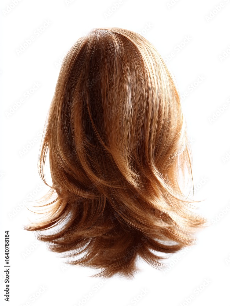 Fototapeta premium A flowing hairstyle showcases soft layers and warm tones. The image captures the beauty of hair from the back, emphasizing its shine and movement. Perfect for hairstyling inspiration. AI