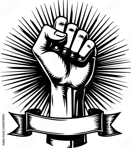 Raised Fist Power Symbol – Black and White Revolution Art with Banner" vector bundl