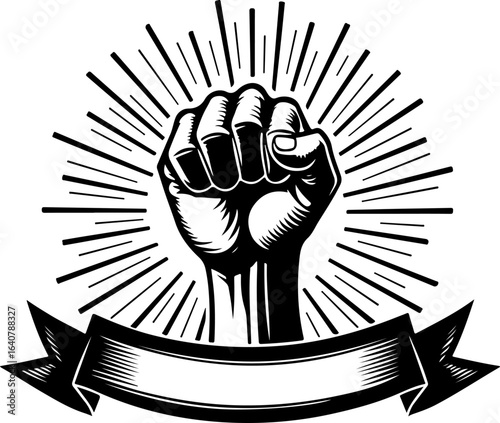 Raised Fist Power Symbol – Black and White Revolution Art with Banner" vector bundl