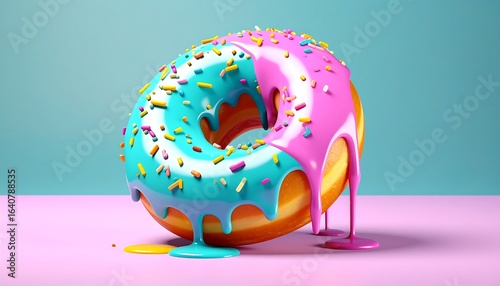 Colorful dripping donut on a pink surface