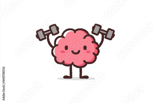 Happy brain lifting dumbbells cartoon illustration  
