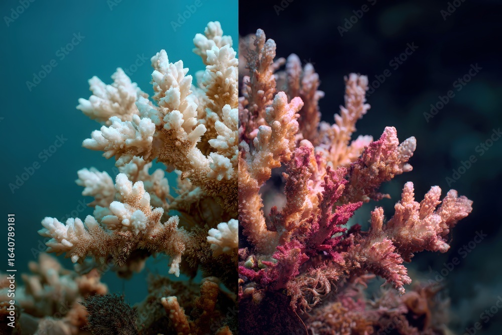 Fototapeta premium Side-by-side image: dead coral vs restored coral, split contrast 