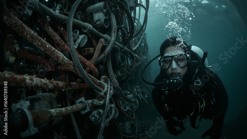 Saboteurs as scuba divers intentionally damaging vulnerable underwater internet infrastructure and cables.