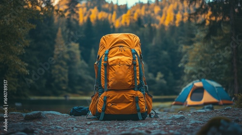 A colorful adventure backpack with reinforced straps sits on the ground at a camping site. In the background, a blurred tent is visible amidst the serene forest setting.