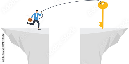 Businessman Reaching for a Golden Key Across a Gap, Concept of Success and Achievement,financial success, new opportunity, problem solving, risk taking, strategic planning, business challenge,