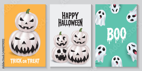 Halloween posters, cards, banner with cute white pumpkins, gosh and flying spider web in modern style. collection of Happy Halloween background, flayer, cover, Brochure with copy space for ads promo
