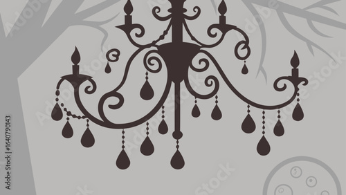 Elegant dark silhouette of a vintage chandelier with teardrop crystals hanging against a muted gray background with subtle tree branch outlines