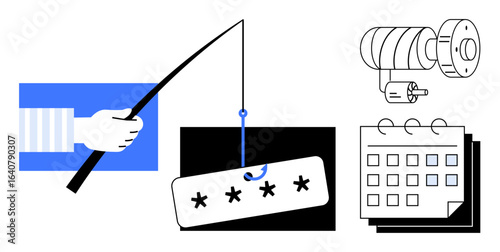 Fishing rod hooking a password, security camera, and calendar signifying digital threats. Ideal for cybersecurity, phishing, privacy, hacking, fraud prevention surveillance IT security. Simple flat