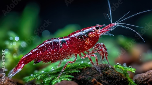 Cherry Shrimp Portrait in Natural Habitat, A Vibrant Underwater Scene