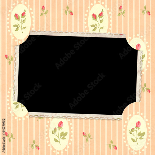 Vintage album page with retro photo frame and old paper texture with rose flower in shabby chic style. Nostalgic scrapbooking style. Mock up template. Copy space for text
