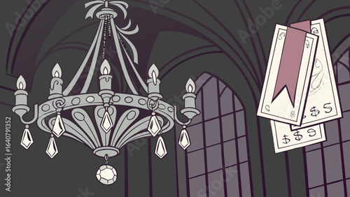 An ornate chandelier hangs in a dimly lit room with gothic arches and windows beside three stylized cards displaying dollar signs