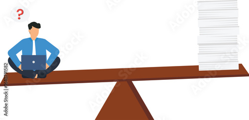 Conceptual Illustration of Work-Life Balance: Businessman on a Seesaw with Documents and Question Mark, financial burden, thoughtful pose, digital device, modern design, creative idea, simple style, 