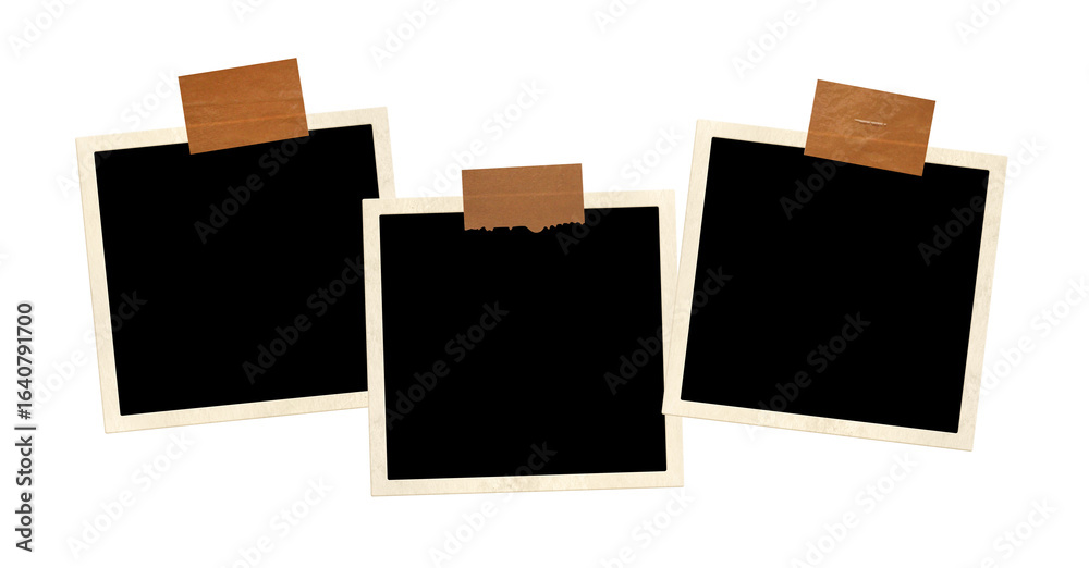 Three frame photos with adhesive tape stripes. Pictures album grid for scrapbooking. Vintage style mood board layout. Isolated on white background. Copy space for your text and photo Three frame photos with adhesive tape stripes. Pictures album grid for scrapbooking. Vintage style mood board layout. Isolated on white background. Copy space for your text and photo