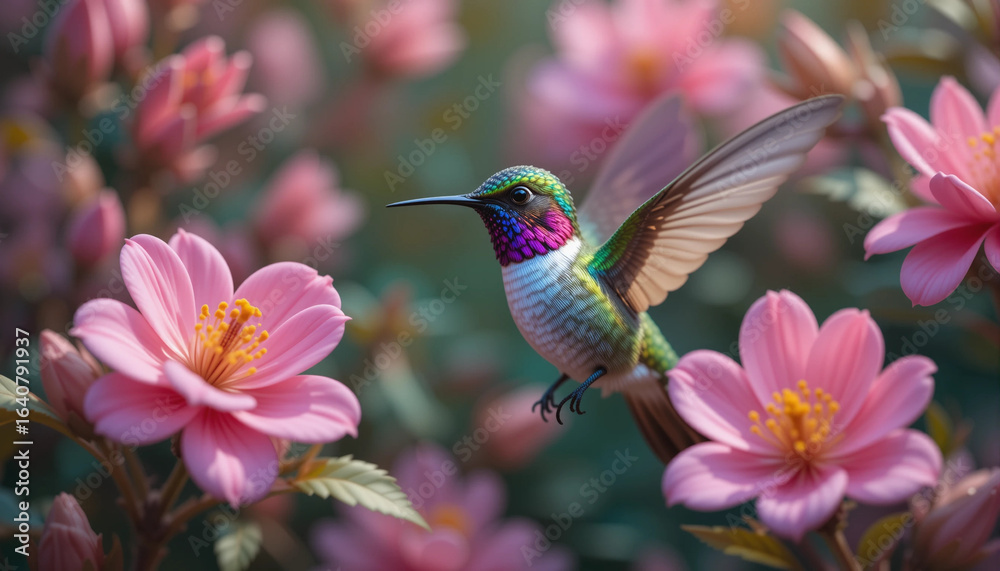 Naklejka premium Vibrant hummingbird hovering among pink flowers in a lush garden