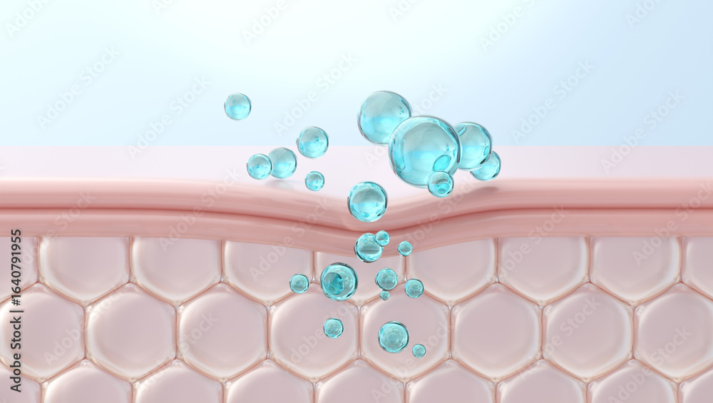 ภาพประกอบสต็อก Serum drop penetrating skin layers cross section view 3D ...