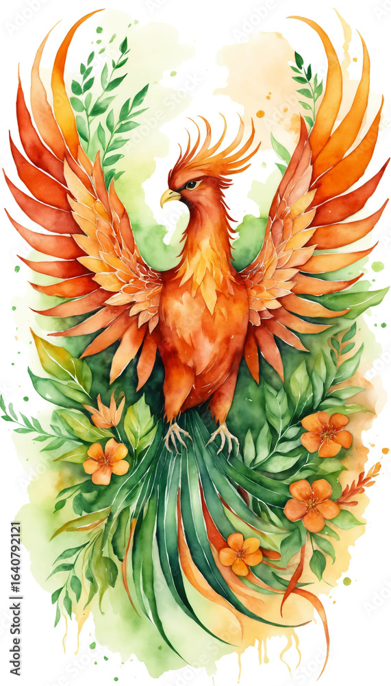 Obraz premium Vibrant watercolor illustration of a phoenix surrounded by colorful flowers and green foliage