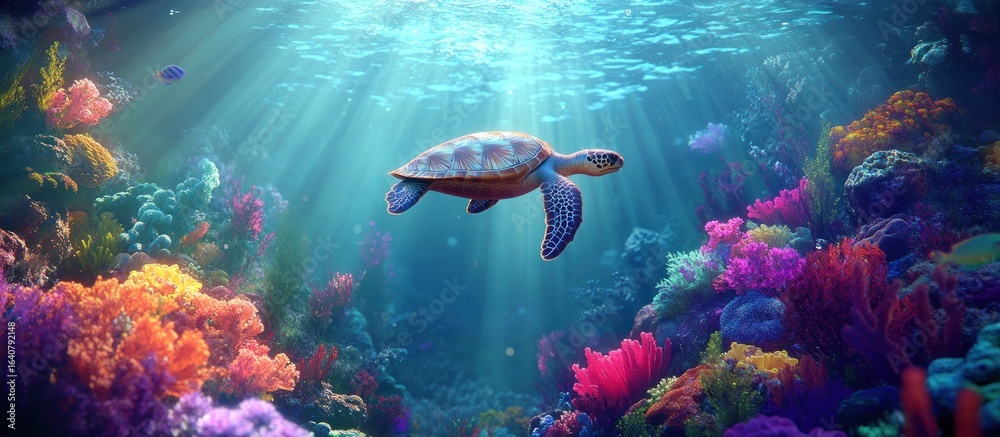 Fototapeta premium Sea turtle swimming in vibrant coral reef. (2)