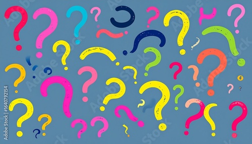 Colorful question marks scattered on a muted blue background