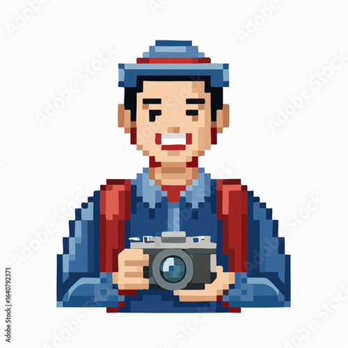 Retro Pixel Art Photographer Duo - Male with DSLR Camera and Gear Bag
