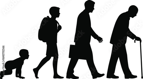 Human life stages silhouette, crawling baby, school child with backpack, adult with briefcase, elderly person with cane, age progression vector, isolated illustration, black outline.