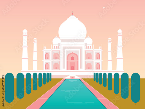 Serene Minimalist Illustration: Taj Mahal at Sunrise, Flat Design, Peaceful Mood