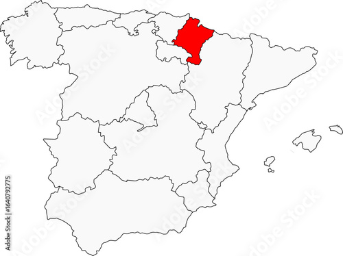 Map of Spain highlighting the autonomous community of Navarre (Navarra). Perfect for designs on the Pyrenees, the Camino de Santiago, and its unique cultural