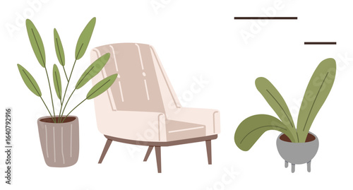 Neutral-toned armchair paired with potted green plants, aiming for clean, modern aesthetics. Ideal for home comfort, interior style, hygge living, eco-friendly spaces, modern design, minimalism