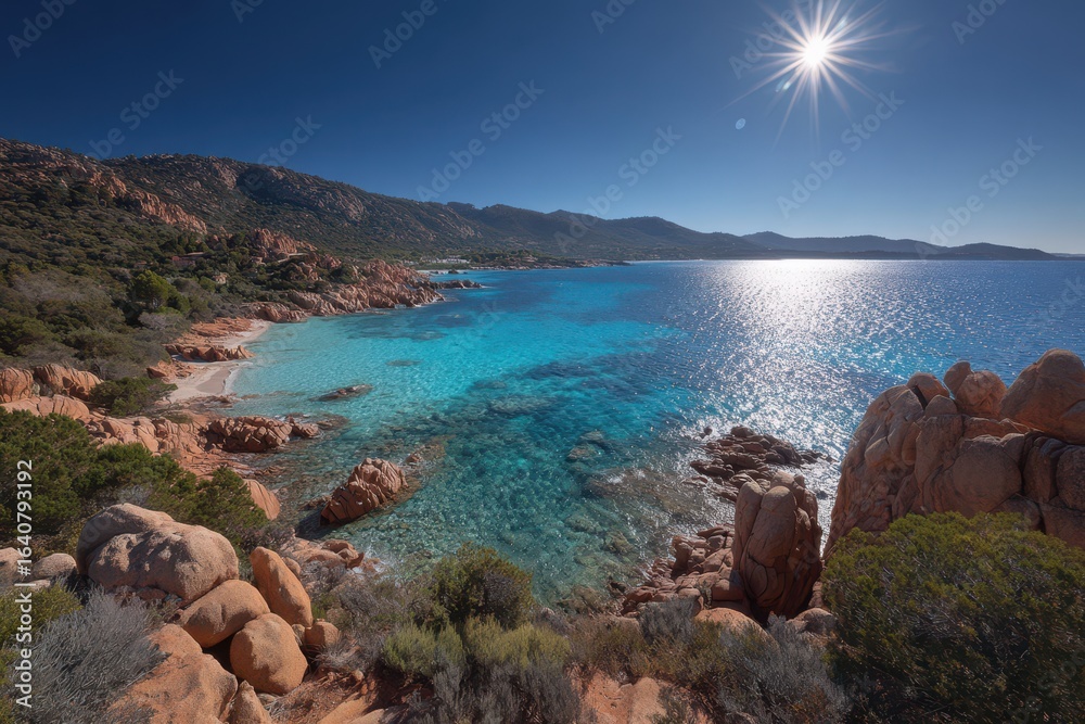 Serene Coastal Landscape with Clear Blue Waters and Rocky Shoreline Serene Coastal Landscape with Clear Blue Waters and Rocky Shoreline
