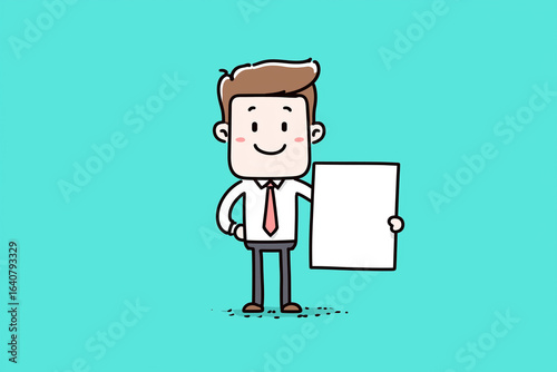 Cartoon businessman holding blank white sign on turquoise background
