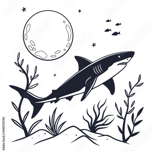 Shark in Moonlight Illustration