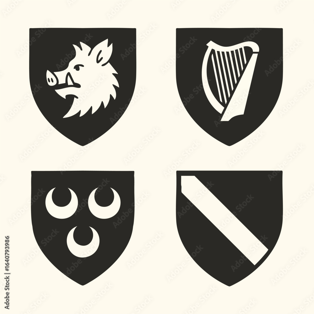 Heraldic shields with boar head harp crescents and diagonal bend Heraldic shields with boar head harp crescents and diagonal bend