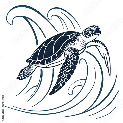 Sea turtle gracefully swimming amongst the dynamic ocean waves graphic illustration