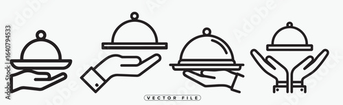 Set of black line icons featuring hands holding serving dishes