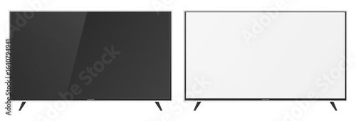 TV flat screen. Dark and light display. Realistic mockup of television. Household electrical appliance front view. Isolated multimedia slim equipment. Vector 3D plasma monitors set