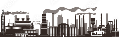 Silhouette of large industrial plant. Manufacture buildings. Factory with smoke chimney. Power station pollution. Petrochemical production. Architecture panorama. Vector background