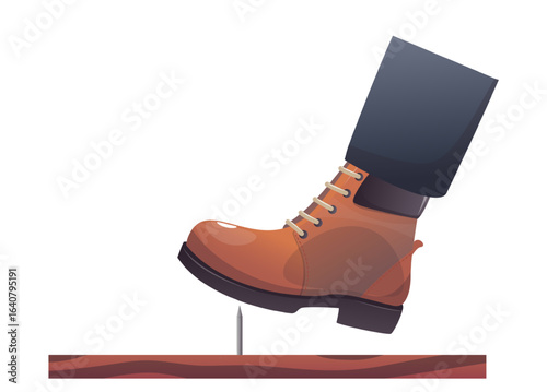 Shoe stepping on sharp nail sticking out of board. Harmful accident. Unexpected injury. Metal spike at footwear sole. Pierce foot boot. Careless inconsiderate walking. Vector concept